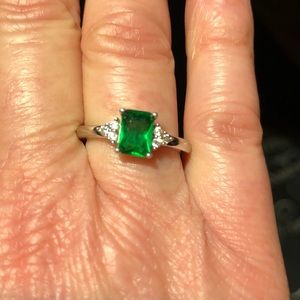 Created emerald and created diamond sterling silver ring